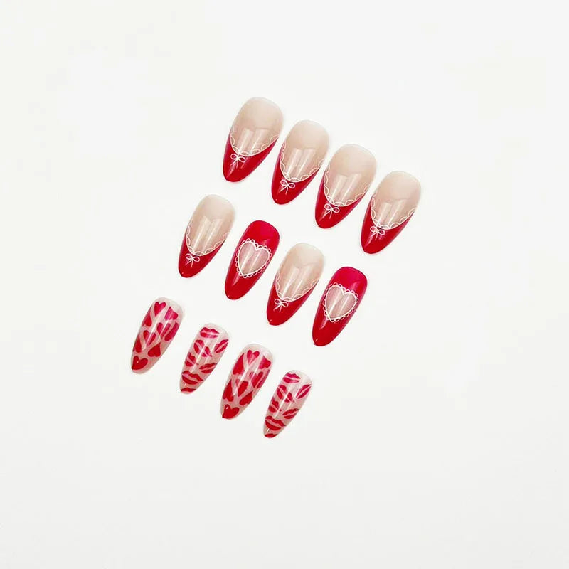 Valentine's Day Press-On Nails - 24 Pcs Pink & Red Hearts