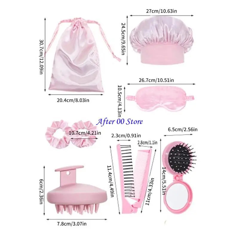 Hair Bonnet Set - 8 Pcs with Curling Caps, Comb & Brush