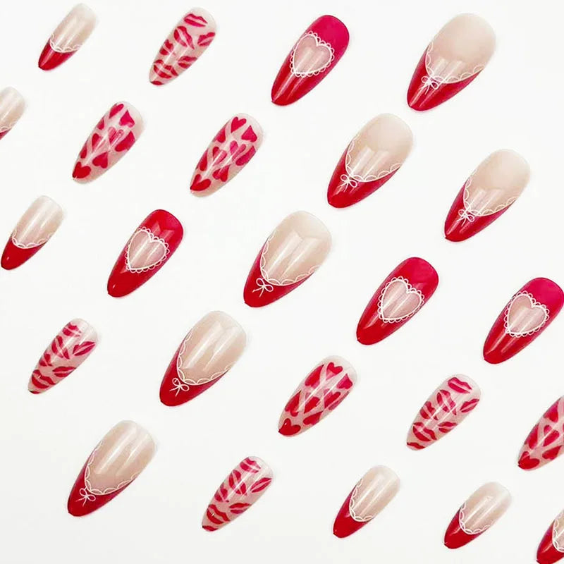 Valentine's Day Press-On Nails - 24 Pcs Pink & Red Hearts