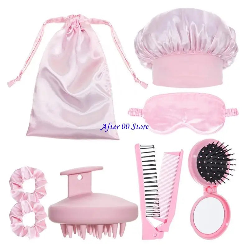 Hair Bonnet Set - 8 Pcs with Curling Caps, Comb & Brush