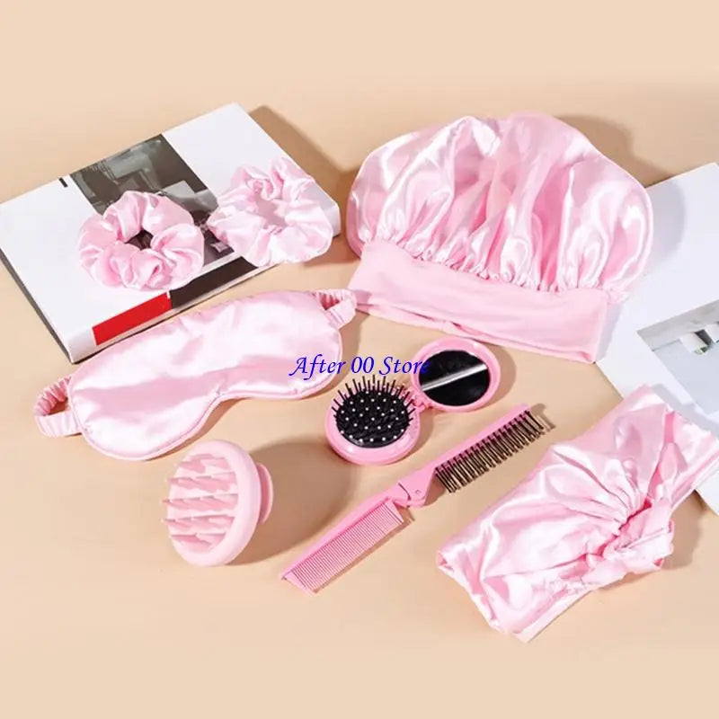 Hair Bonnet Set - 8 Pcs with Curling Caps, Comb & Brush
