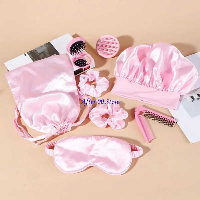 Hair Bonnet Set - 8 Pcs with Curling Caps, Comb & Brush