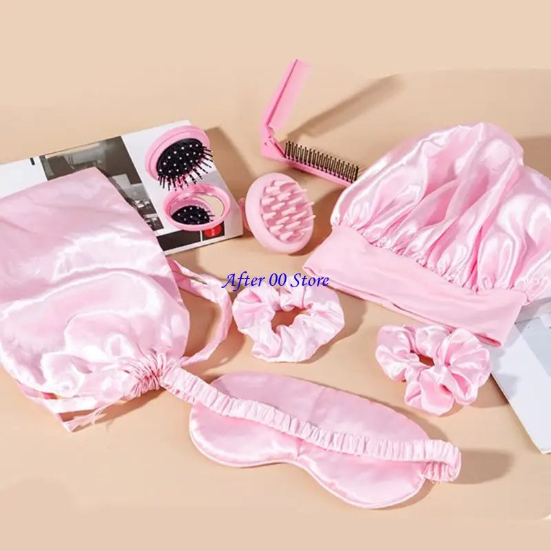Hair Bonnet Set - 8 Pcs with Curling Caps, Comb & Brush